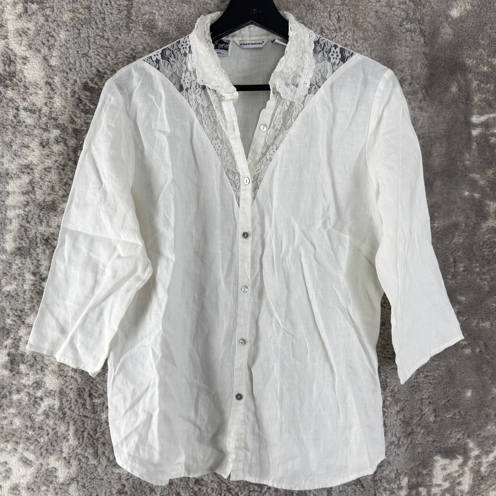 Richard Malcolm Size L Lace Trim Irish Linen Button Up Shirt White 3/4 Sleeve
